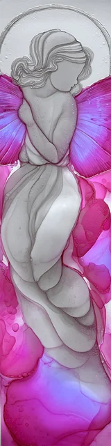 Free abstract angel art bookmark featuring a bold pink and gray abstract angel